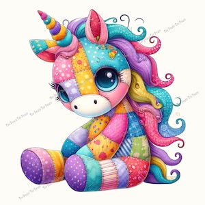 May include: A colorful patchwork unicorn plush toy with large blue eyes, a rainbow horn, and flowing, curly mane. The unicorn is sitting down, with a variety of patterned fabrics in pink, yellow, blue, and purple. The text "Tee Peace Tee Peace" is visible.