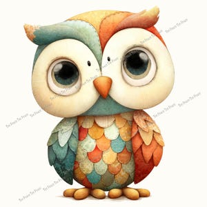 May include: A colorful illustration of a cartoon owl with large, expressive eyes. The owl features a patchwork of teal, orange, yellow, and red hues. Its large eyes are light beige with blue irises. The owl is standing on a white background.