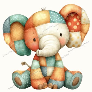 May include: A watercolor illustration of a patchwork elephant in shades of orange, blue, and yellow. The elephant has large ears with polka dot and patterned details. The image has the text "Tee Peace Tee Peace" in the corners.