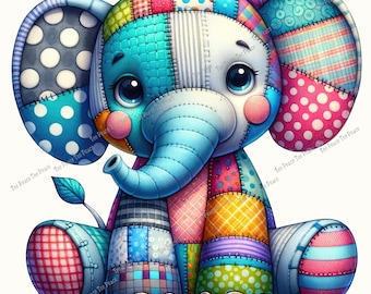Patchwork Elephant Fabric Panel, Quilt Sewing Square, Multiple Sizes, fc8k