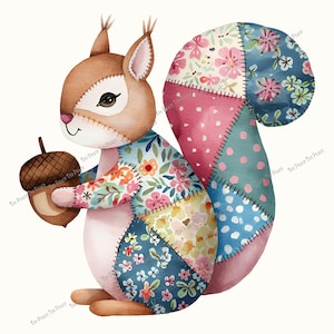 May include: Watercolor illustration of a squirrel holding an acorn. The squirrel has a patchwork design with floral patterns in pink, blue, yellow, and green. The squirrel's tail is also patchwork, and the background is white.