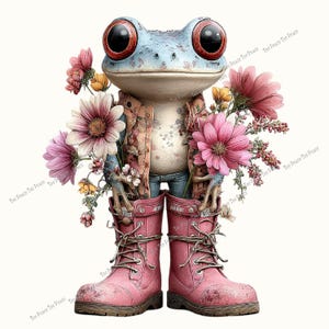 May include: A whimsical illustration of a frog wearing a patterned jacket, jeans, and pink boots, surrounded by colorful flowers. The frog has large red eyes and a light blue head. The boots are laced up and appear worn. The image has the text "Tee Peace Tee Peace" repeated.