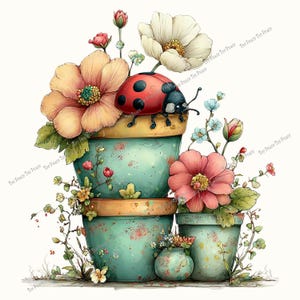May include: Watercolor illustration of stacked turquoise flower pots with orange rims, filled with colorful flowers and greenery. A red ladybug with black spots sits atop the top pot. The image has a whimsical, garden theme.