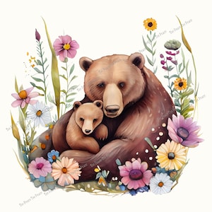 May include: Watercolor illustration of a mother bear and cub embraced in a field of colorful wildflowers. The bears are brown, surrounded by pink, purple, yellow, and white flowers, with green foliage. The image has the text "Tee Peace Tee Peace" in the corners.