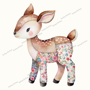 May include: Watercolor illustration of a deer with a patchwork design. The deer has brown fur with white spots and floral patterned patches on its legs. The deer has a stitched appearance and a soft, whimsical aesthetic.