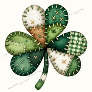 May include: A digitally rendered shamrock with four leaves, each composed of patchwork fabric in shades of green, tan, and white. The leaves are stitched together with green thread and accented with gold cross stitches. The stem is green and white.