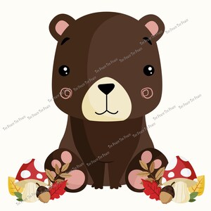 May include: A cartoon illustration of a brown bear with a light brown muzzle, sitting with its legs forward. The bear has pink accents on its ears and cheeks. Two red and white mushrooms, leaves, and acorns are at the bottom.