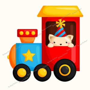 May include: A colorful cartoon train with a cat wearing a party hat. The train is red, blue, and orange with a yellow star and wheels. The cat is white with black whiskers and is peeking out of the train's window.