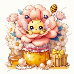May include: A whimsical illustration features a cartoon bee nestled in a pink flower, above a jar of honey. Pearls, a gift box with a yellow bow, and additional flowers surround the jar. A honey dipper is also present.