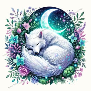 May include: A white fox curled up asleep, surrounded by colorful flowers and foliage. A crescent moon and starry night sky form a backdrop. The image has a whimsical, fantasy theme.