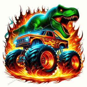 May include: A vibrant illustration features a monster truck with large tires engulfed in flames. A green Tyrannosaurus Rex is above the truck, also surrounded by flames. The truck is orange with flame decals.