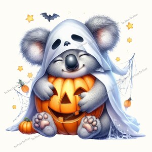 May include: A cute koala dressed as a ghost, holding a carved orange pumpkin. The koala is smiling, with a white ghost sheet over its head. The image has Halloween-themed decorations, including a bat, stars, and spiderwebs.