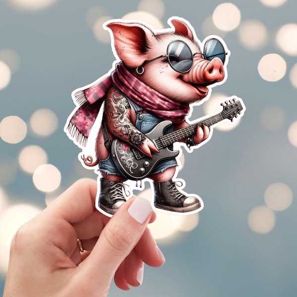 Pig Rock Music Sticker, Guitar Playing Pig Sticker, Rock N Roll Band Sticker, Singing Pig Sticker, Water Bottle Sticker (s25b)