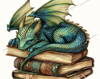 Sleeping Book Dragon Fabric Panel, Quilt Sewing Square, Multiple Sizes, fc10p