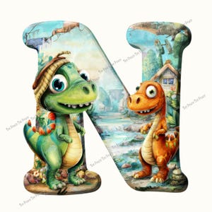 May include: A whimsical illustration of the letter "N" featuring two cartoon dinosaurs. One is green with a hat, the other is orange. The letter is filled with a landscape of waterfalls and a small house. The words "Tee Peace Tee Peace" are repeated.