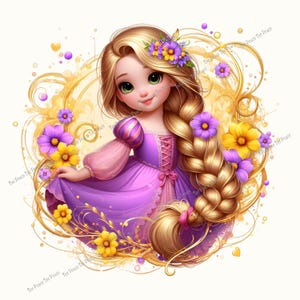 May include: A digital illustration of a cartoon princess with long blonde hair, wearing a purple dress and adorned with flowers. The image features a golden swirl background and is decorated with purple and yellow flowers.
