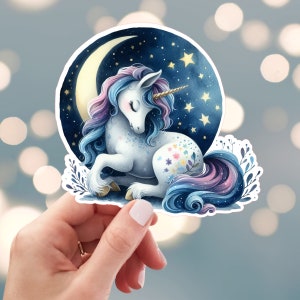 Autocollant Licorne Lune Étoiles, Autocollant Licorne Endormie, Autocollant Bébé Licorne, Autocollant Licorne Mystique, Autocollant Bouteille d'Eau (s22g)