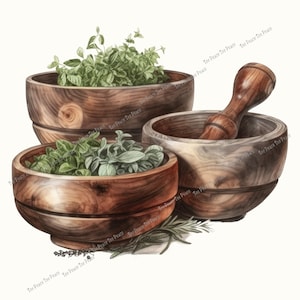 May include: Watercolor illustration of wooden bowls filled with fresh herbs. The image features three wooden bowls, two filled with green herbs and one with a mortar and pestle. A sprig of rosemary and other herbs are at the bottom. The bowls are on a white background.