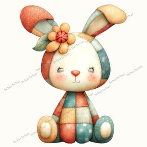 May include: A whimsical, patchwork bunny illustration. The bunny features a cream-colored face with rosy cheeks, closed eyes, and a small red nose. It has a flower on its head and is made of colorful fabric squares in shades of orange, blue, and yellow.
