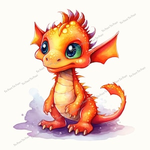 May include: A watercolor illustration of a friendly orange dragon with large blue and green eyes. The dragon has a spiky crest, large ears, and a long tail. The dragon is sitting on a purple and gray watercolor wash.