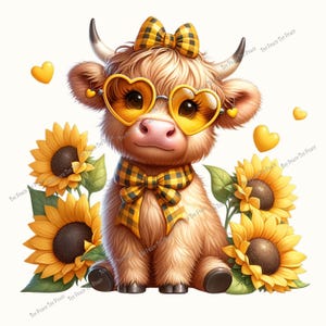 May include: A whimsical illustration of a Highland cow calf adorned with heart-shaped sunglasses and a plaid bow. The calf is surrounded by sunflowers and yellow heart accents, creating a cheerful and vibrant design.