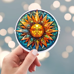 Celestial Sun Sticker, Sunrise Sticker, Moon Sun Sticker, Stained Glass Sun Sticker, Water Bottle Sticker (43v)