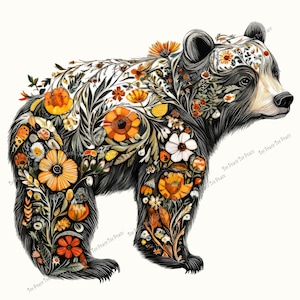 May include: A black bear illustration adorned with a floral design. The bear's fur is detailed with orange, yellow, and white flowers, along with green leaves. The bear is standing on a white background.