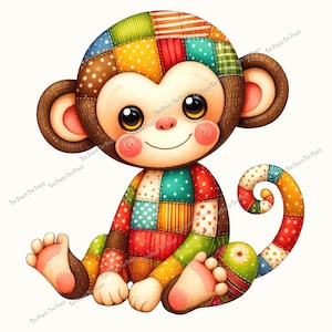 May include: A colorful patchwork monkey illustration. The monkey has a light brown face, large black eyes, and rosy cheeks. Its body is made of various fabric squares in red, green, yellow, and blue. The monkey's tail is curled and has a flower at the end.