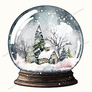 May include: A watercolor snow globe featuring a winter scene. Inside, a snow-covered cottage and evergreen trees are surrounded by falling snow. The globe sits on a dark wooden base. The text "Tee Peace Tee Peace" is repeated around the globe.