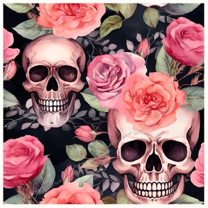 May include: A digital art print featuring two skulls surrounded by pink and peach roses and green leaves against a dark background. The skulls have detailed teeth and eye sockets, creating a gothic floral design.