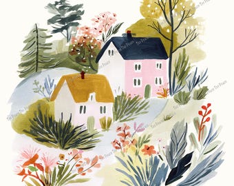 Garden Cottage Fabric Panel, Quilt Sewing Square, Multiple Sizes, fc6w