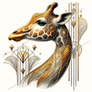 May include: An Art Deco-style illustration of a giraffe's head and neck, featuring intricate gold and silver detailing. The giraffe has a patterned coat of brown and white spots. Geometric shapes and lines in gold and silver create a decorative background.