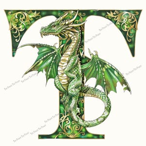 May include: A green dragon with detailed scales and wings is perched on a decorative letter "T". The letter is outlined in dark green with gold filigree accents. The dragon's eyes are orange, and the wings are a lighter shade of green.