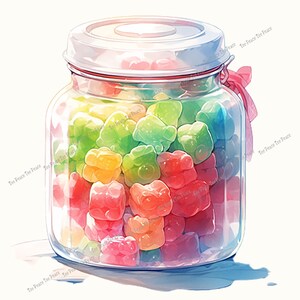 May include: A clear glass jar filled with colorful gummy bear candies. The bears are in various colors, including red, orange, yellow, green, and blue. The jar has a white lid and a pink ribbon tied around it. The image has a watercolor style.