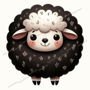 May include: A cartoon illustration of a sheep with a fluffy black body and a white face and head. The sheep has large, round eyes, pink cheeks, and small black hooves. The background is white.