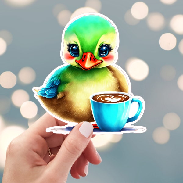 Duck And Coffee Sticker, Morning Coffee Sticker, Ugly Duckling Sticker, Coffee Drinker Sticker, Water Bottle Sticker (s7r)