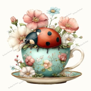 May include: A whimsical illustration of a ladybug perched atop a floral-filled teacup. The teacup and saucer are adorned with floral patterns in shades of pink, blue, and cream. The ladybug has a red shell with black spots.