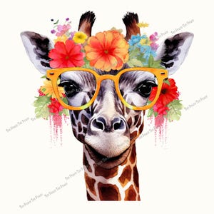 May include: A watercolor illustration of a giraffe wearing orange glasses and a floral crown. The giraffe has a brown and white spotted pattern, with colorful flowers in red, orange, yellow, and blue. The text "Tee Peace" is repeated across the image.