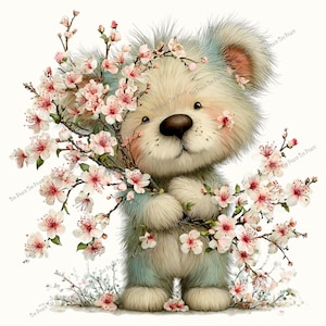 May include: A whimsical illustration of a teddy bear holding branches of pink cherry blossoms. The bear has light blue and cream fur, a brown nose, and rosy cheeks. The image has a soft, pastel color palette, evoking a sense of spring.