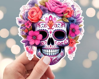 Sugar Skull Sticker, Floral Skull Sticker, Day Of The Dead Sticker, Mexican Holiday Sticker, Water Bottle Sticker (s16c)