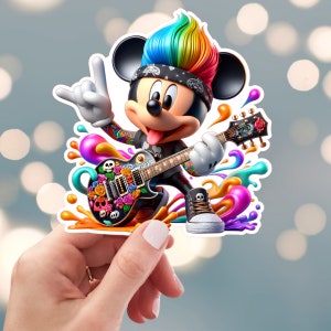 Mickey Mouse Sticker, Rock N Roll Music Sticker, Rock Electric Guitar Sticker, Rock Star Sticker,  Water Bottle Sticker (51b)