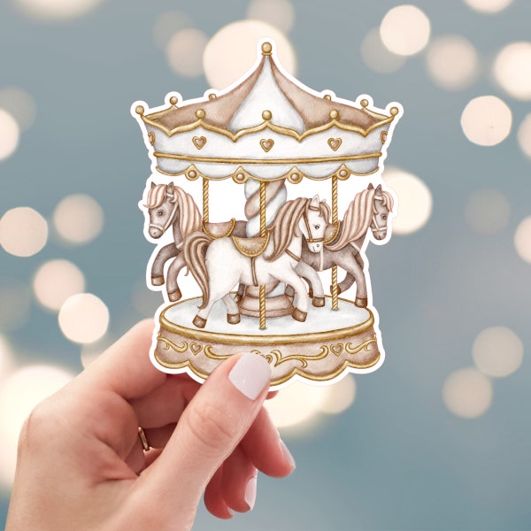 Carousel Sticker, Carnival Ride Sticker, Kiddie Ride Sticker, White Horse Carousel Sticker, Water Bottle Sticker (s28a)