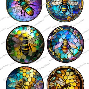 May include: Six circular designs featuring bees against stained glass backgrounds with honeycomb patterns and floral accents. Each round graphic displays a bee in various poses, surrounded by vibrant colors like blue, yellow, and purple, with the text Tee Peace repeated throughout the image.