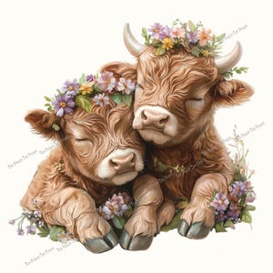 May include: A digital illustration of two Highland cows, embracing and adorned with floral crowns. The cows have light brown fur, closed eyes, and are surrounded by colorful flowers and greenery, creating a peaceful scene.