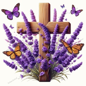 May include: A wooden cross surrounded by purple lavender and butterflies. The butterflies are orange and purple. The lavender is in full bloom, with green stems and small purple flowers. The cross is made of wood and has a rustic appearance.