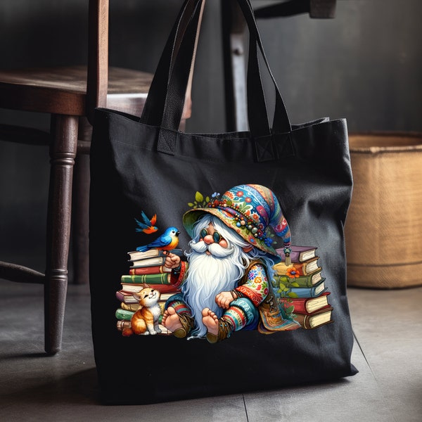 Gnome Reading Books Tote Bag, Read A Library Books Tote, Stack Of Books Purse, Retro Gnome Book Bag, (A5)