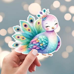 Peacock Sticker, Peacock Feather Sticker, Pretty Blue Peacock Sticker, Kawaii Peacock Bird Sticker, Water Bottle Sticker (s20q)