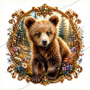 May include: A brown bear cub centered within an ornate, oval-shaped gold frame. The frame is decorated with intricate scrollwork, small colorful gemstones, and floral accents. The background depicts a sunlit forest scene with pine trees.