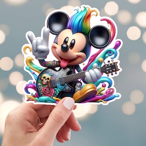 Mickey Mouse Sticker, Rock N Roll Music Sticker, Rock Electric Guitar Sticker, Rock Star Sticker,  Water Bottle Sticker (51c)