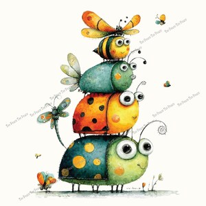 May include: A whimsical watercolor illustration of stacked cartoon insects. A green and yellow ladybug supports an orange and yellow ladybug, a teal bug, a yellow and black bee, and a butterfly. Additional butterflies and a dragonfly are also present.